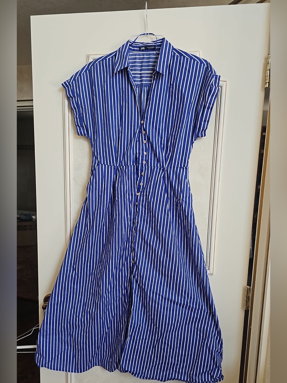 Zara Blue White Striped Midi Shirt Dress Women’s Medium Button Front Casual